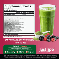 Just Ripe Field of Greens tub back-label showing organic ingredients