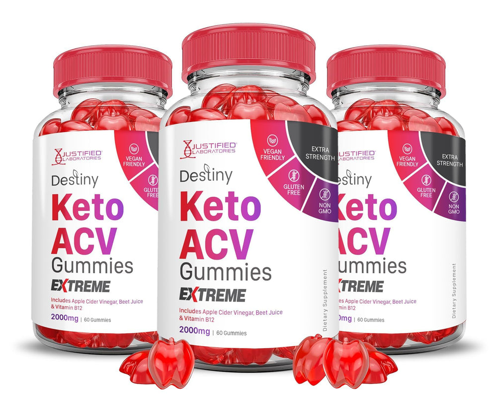Justified Laboratories Destiny Keto ACV Gummies Extreme 3-pack bottle for convenient daily wellness.