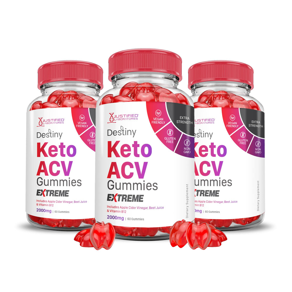Justified Laboratories Destiny Keto ACV Gummies Extreme 3-pack bottle for convenient daily wellness.