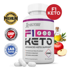 Justified Laboratories F1 Keto Pills packaging box highlights premium ingredients and 60 capsule count.