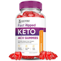 Justified Laboratories Fast Ripped Keto ACV Gummies bottle close-up highlighting convenient daily nutrition