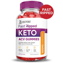 Justified Laboratories Fast Ripped Keto ACV Gummies vegan and gluten-free badges on front