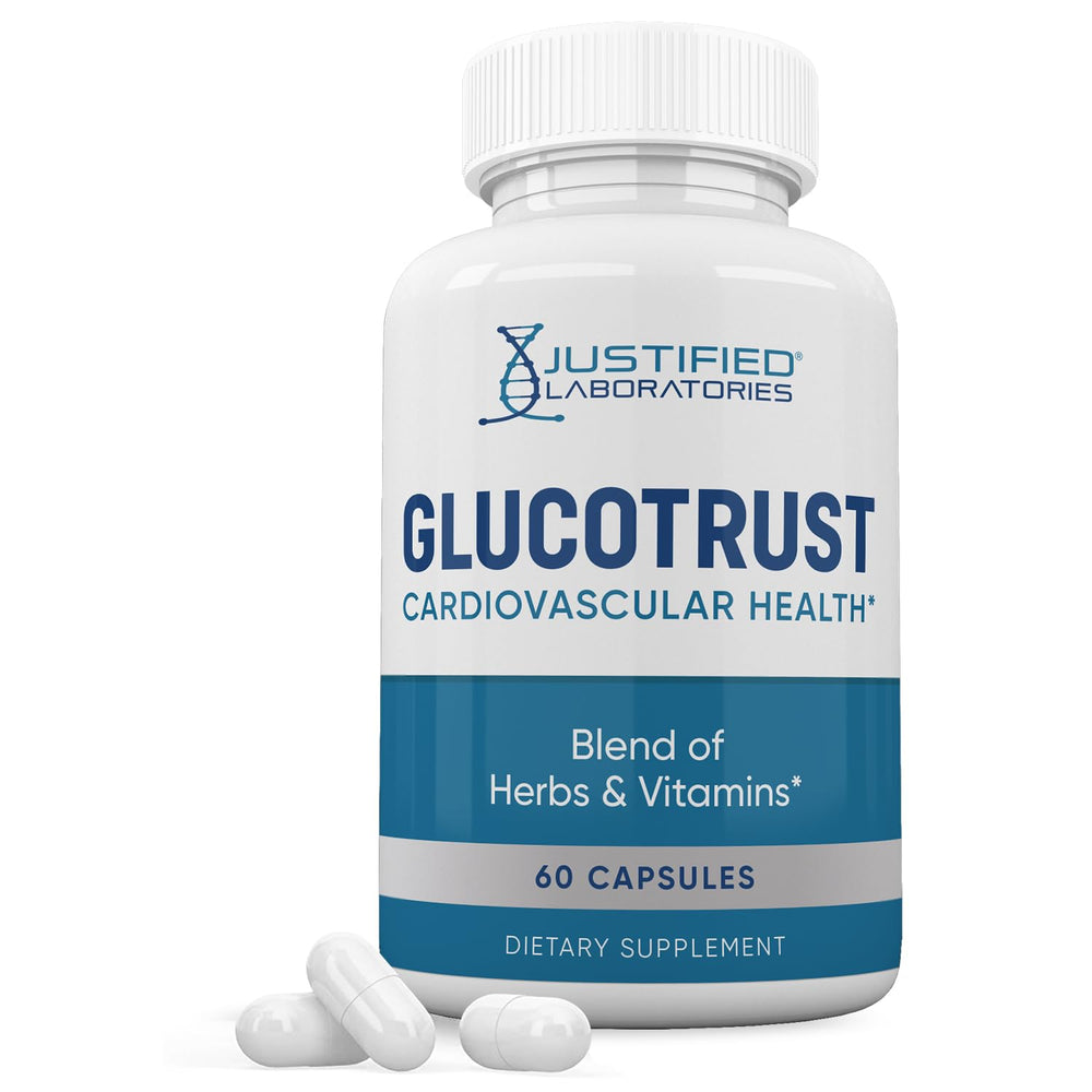 Justified Laboratories Glucotrust Advanced Formula bottle on a kitchen counter for daily wellness.