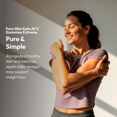 Justified Laboratories Pure Slim Keto ACV Gummies bottle label highlights vegan, non-GMO, gluten-free formulation.