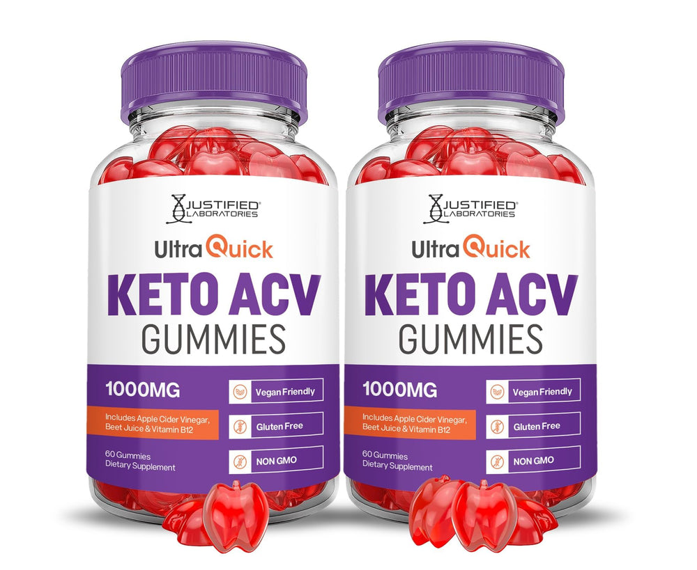 Justified Laboratories Ultra Quick Keto ACV Gummies bottle on countertop, convenient daily wellness.