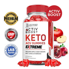 Justified Laboratories Activboost Gummies closeup label, vegan and non-GMO formula.