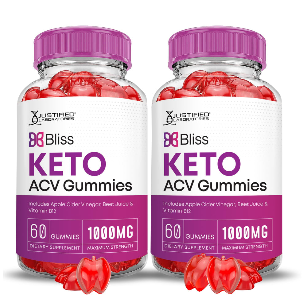 Justified Laboratories Bliss Keto ACV Gummies front packaging in a 2-pack for easy daily use.