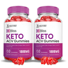 Justified Laboratories Bliss Keto ACV Gummies front packaging in a 2-pack for easy daily use.