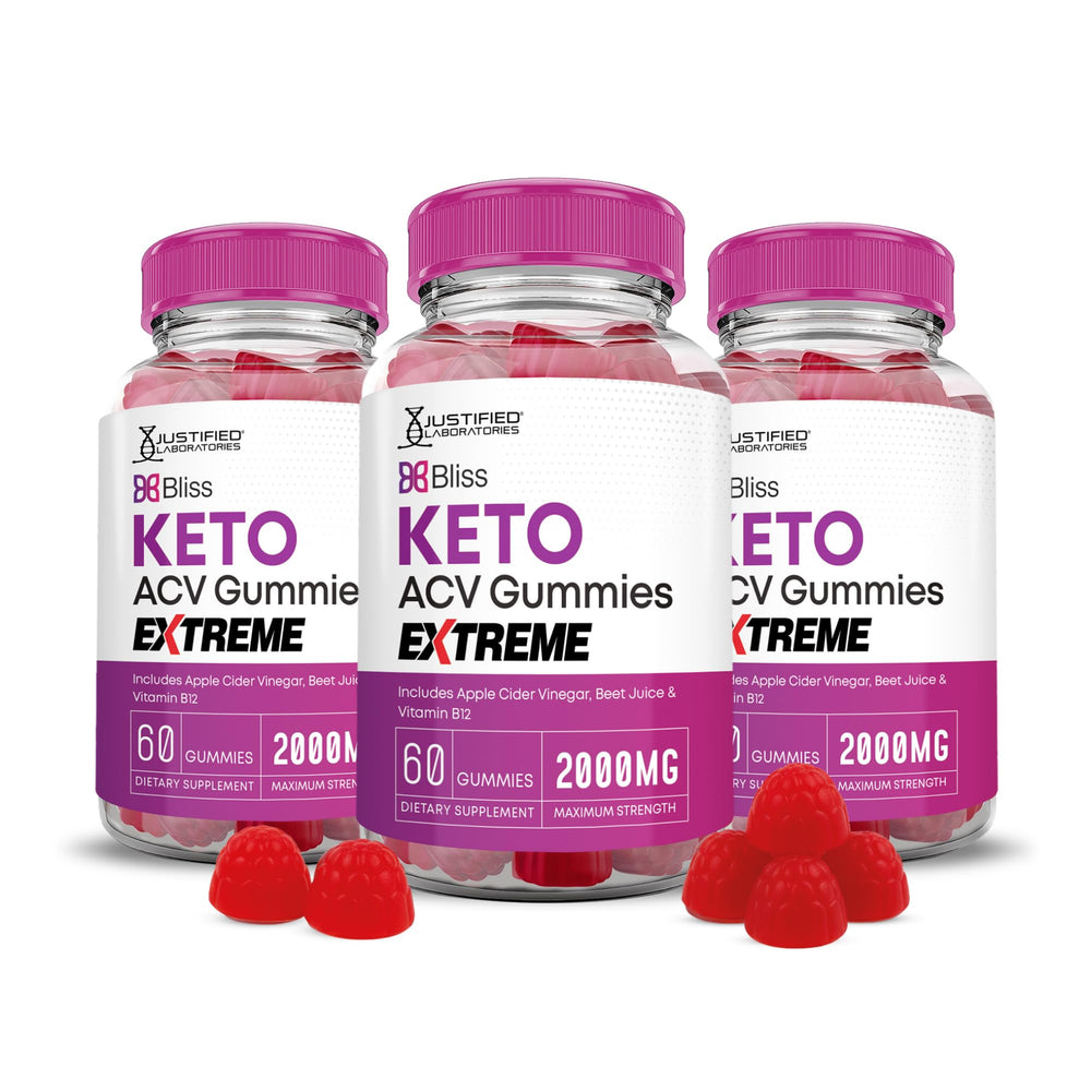 Justified Laboratories Bliss Keto ACV Gummies pack front showing vibrant fruit flavors.