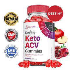 Justified Destiny Keto ACV Gummies label closeup, vegan, non-GMO formulation.