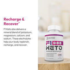 Justified Laboratories F1 Keto Pills pour shot illustrating two-capsule dosing