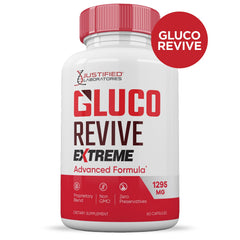Justified Laboratories Gluco Revive Extreme bottle closeup showing premium formula.