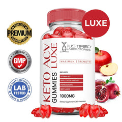 Justified Laboratories Luxe Keto ACV Gummies bottle with serving ready for daily use