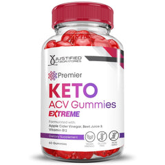 Justified Laboratories Premier Keto ACV gummies highlighting B12 vitamin boost.