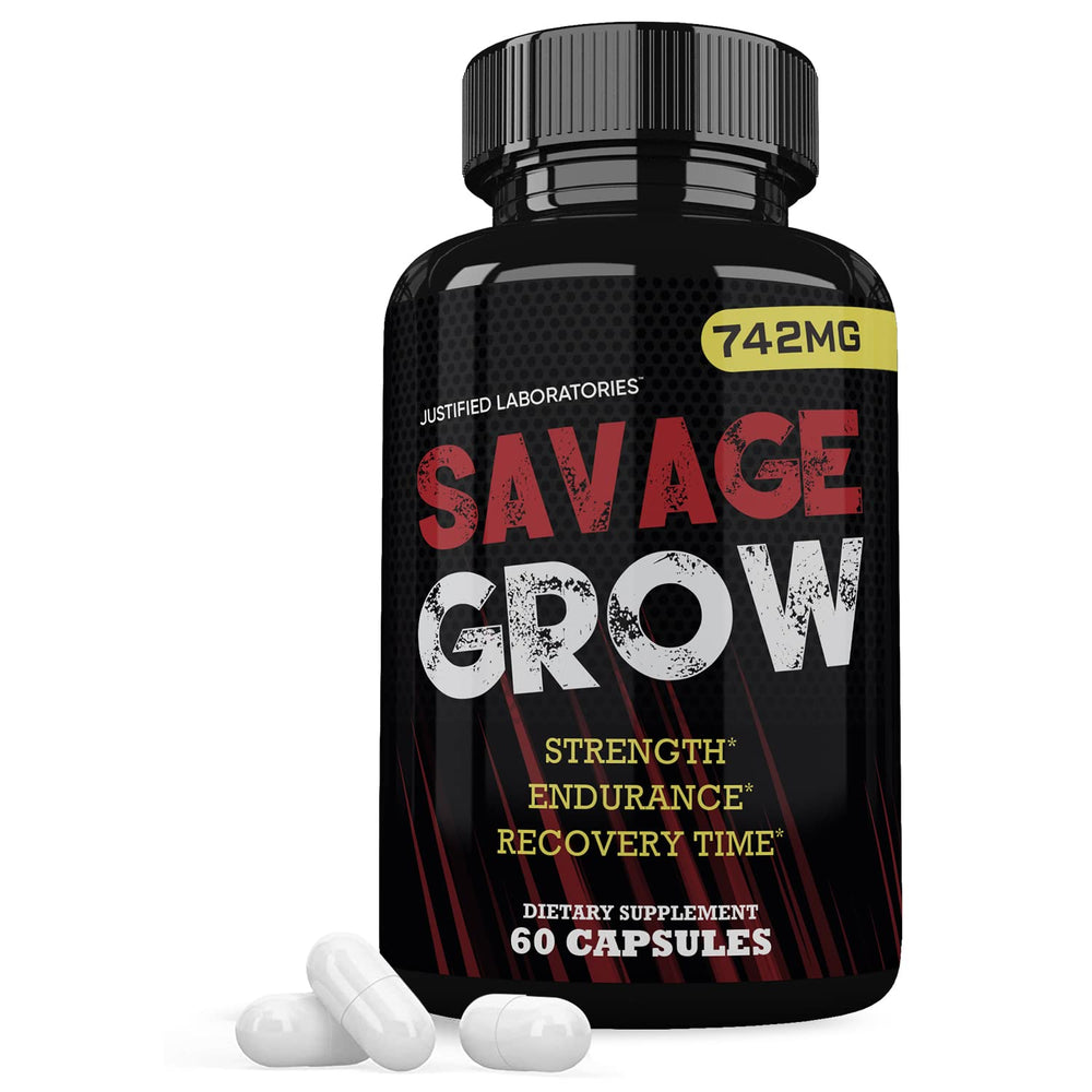 Justified Laboratories Savage Grow 742MG bottle front view for daily vitality support.