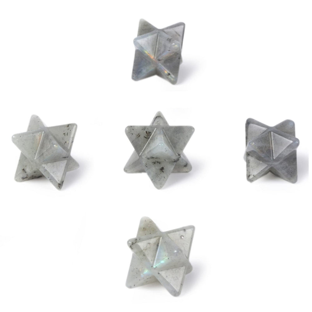 Justinstones Labradorite Merkaba star stone with iridescence for chakra focus.