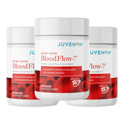 Juvenon BloodFlow-7 bottle on table signaling daily energy support and blood flow.