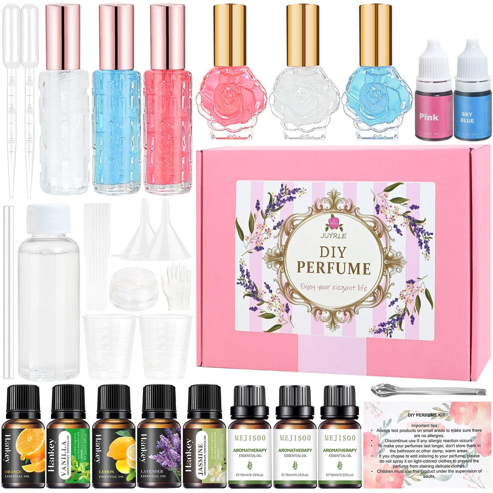 JUYRLE perfume kit with 6 bottles for at-home fragrance crafting.