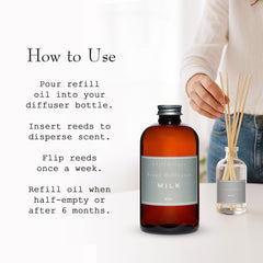 K. Hall Designs Milk Diffuser Oil Refill in amber glass protects fragrance quality.