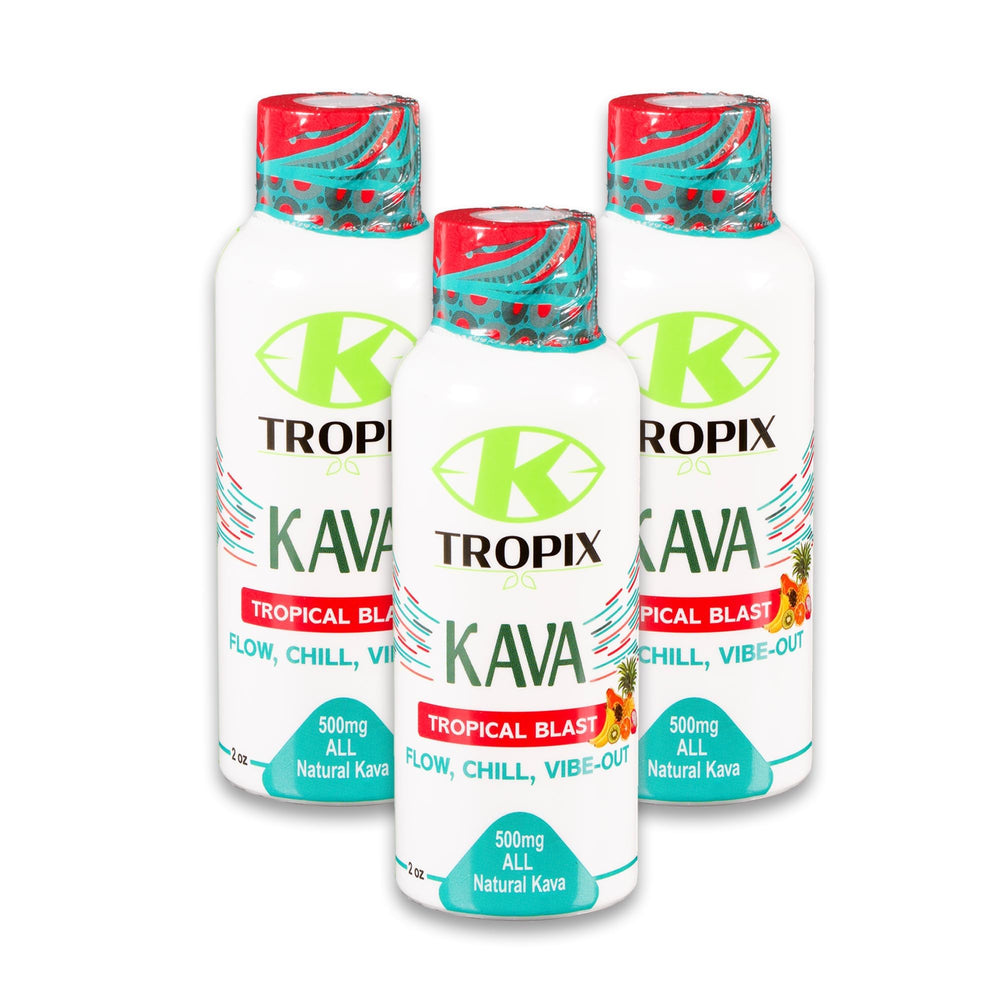 K Tropix Kava Shot Tropical Blast bottle promotes calm focus and relaxation.