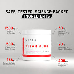 KAGED Clean Burn bottle closeup with clear label details.