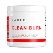 KAGED Clean Burn tub label showing orange mango formula and energy benefits.
