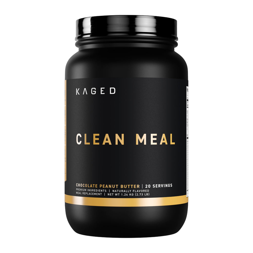 Kaged Clean Meal powder in chocolate peanut butter tub for quick, balanced meals