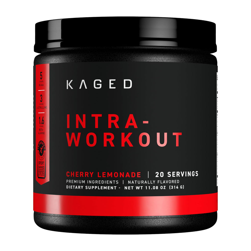Kaged Intra-Workout Cherry Limeade bottle side view for energy during training.