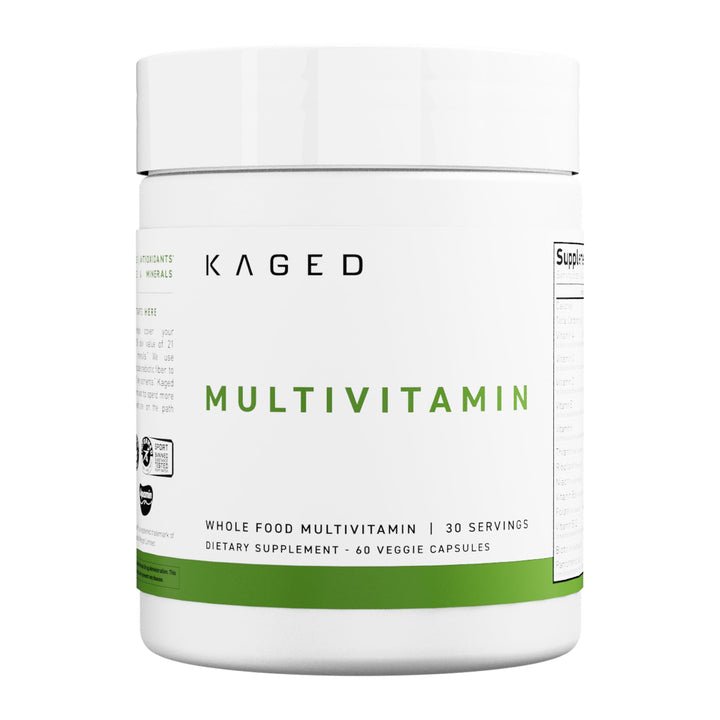 Kaged Multivitamin bottle front with unflavored plant-based capsules for daily nutrient coverage.