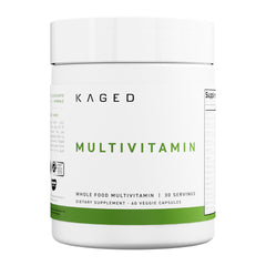 Kaged Multivitamin bottle front with unflavored plant-based capsules for daily nutrient coverage.