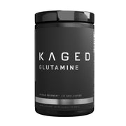 Kaged Muscle L-Glutamine powder bottle highlighting vegan formula for post-workout support.