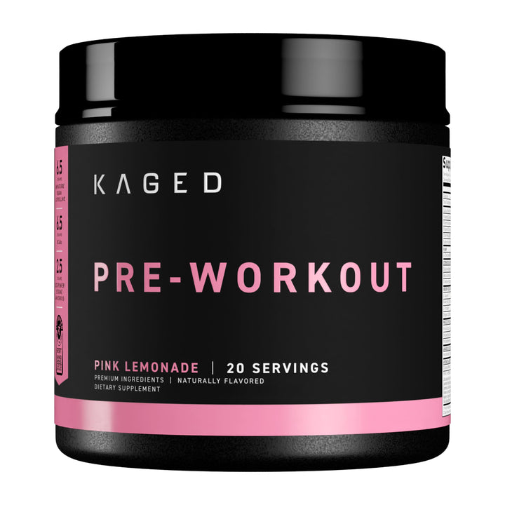 Kaged Original Pre Workout Pink Lemonade tub close-up highlighting clean energy ingredients