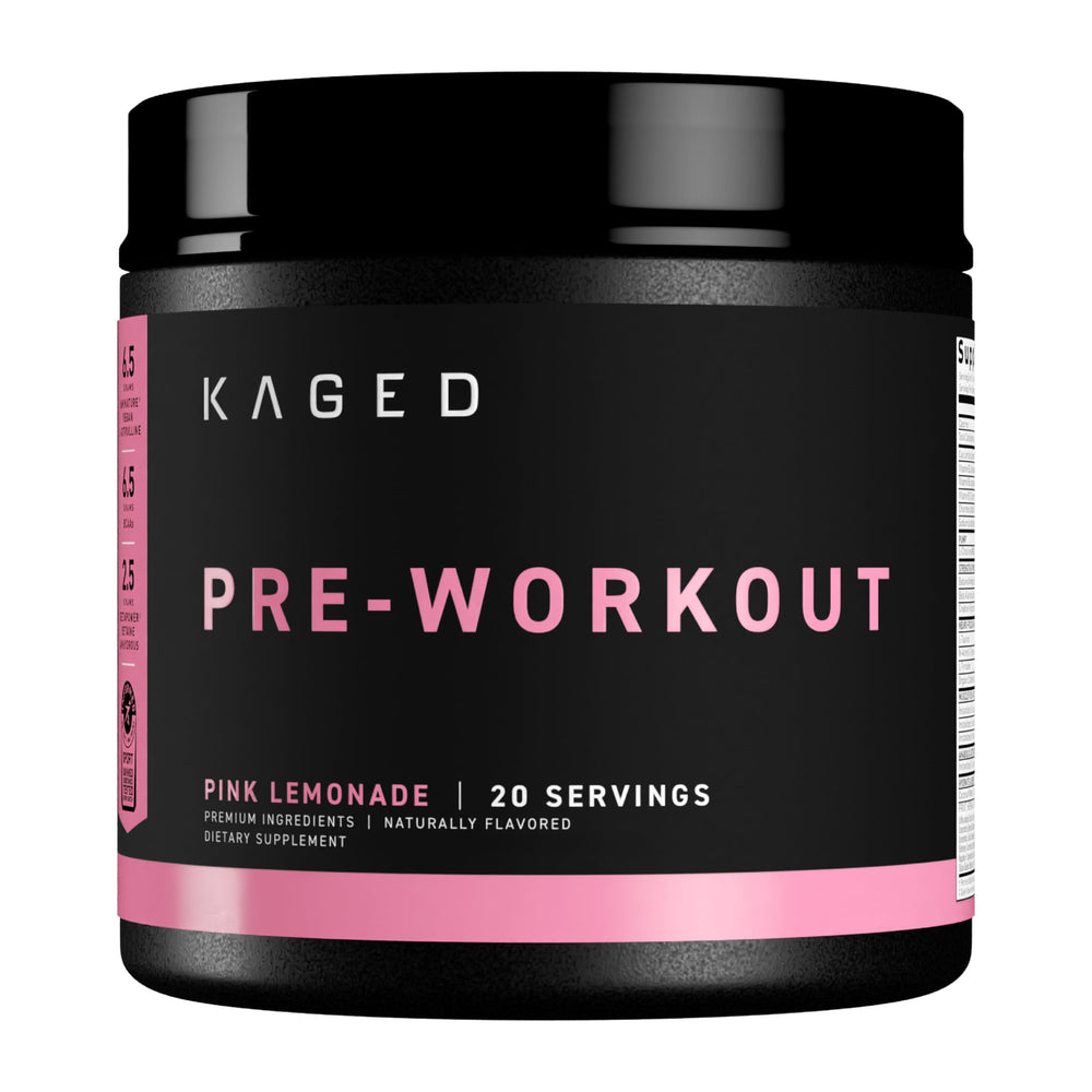 Kaged Original Pre Workout Pink Lemonade tub close-up highlighting clean energy ingredients