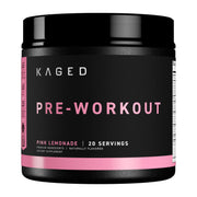 Kaged Original Pre Workout Pink Lemonade tub close-up highlighting clean energy ingredients