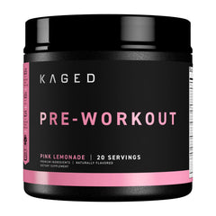 Kaged Original Pre Workout Pink Lemonade tub close-up highlighting clean energy ingredients