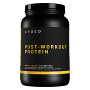Kaged Post Workout Orange Cream bottle shows 28g protein per serving for recovery.