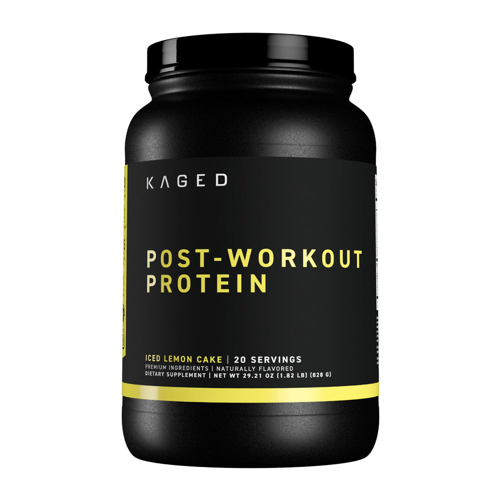 Kaged Post Workout Protein iced lemon cake bottle for post-exercise recovery.