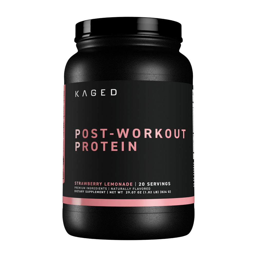 Kaged Post Workout Protein bottle in strawberry lemonade flavor supports post-training recovery.