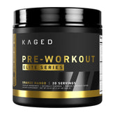 Kaged PRE-KAGED Elite Orange Mango tub label highlighting premium ingredients for workouts.
