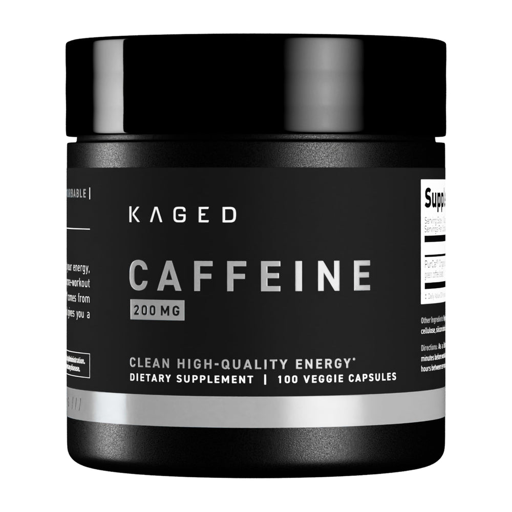 Kaged PurCaf caffeine pill bottle front for pre-workout energy.