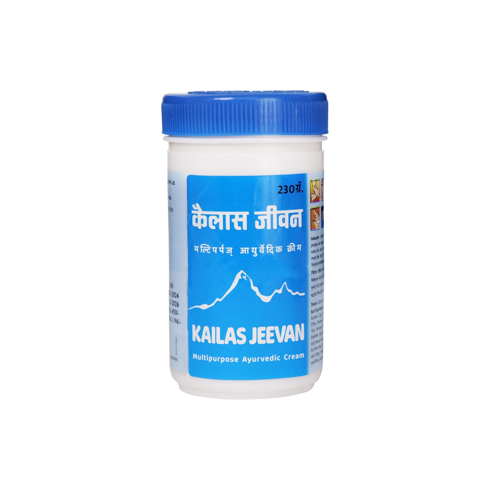 Kailas Jeevan 230g saver pack jar front shows multipurpose Ayurvedic cream for skin care.