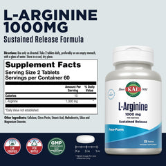 KAL 1000 mg L-Arginine tablets back label close-up highlighting immune support.