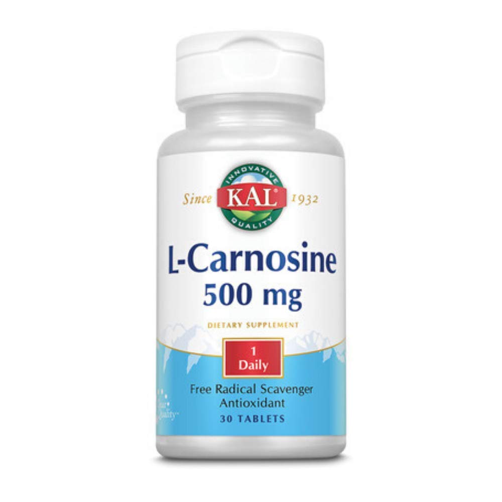 KAL 500 mg L-carnosine tablets bottle with capsules, highlighting cellular longevity and antioxidant protection