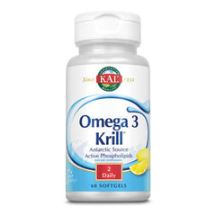 Kal 500 mg krill oil bottle highlights omega-3 and astaxanthin for heart, joints, and immune support.