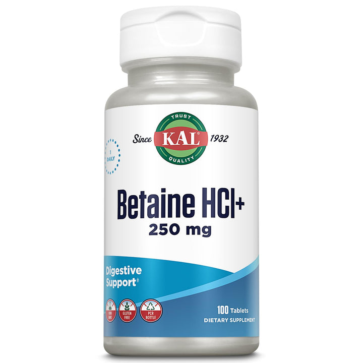 KAL Betaine HCl with Pepsin bottle supports protein digestion after meals