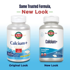 KAL Calcium+ ActivGels softgels close-up, convenient daily supplement for bone and tooth support.