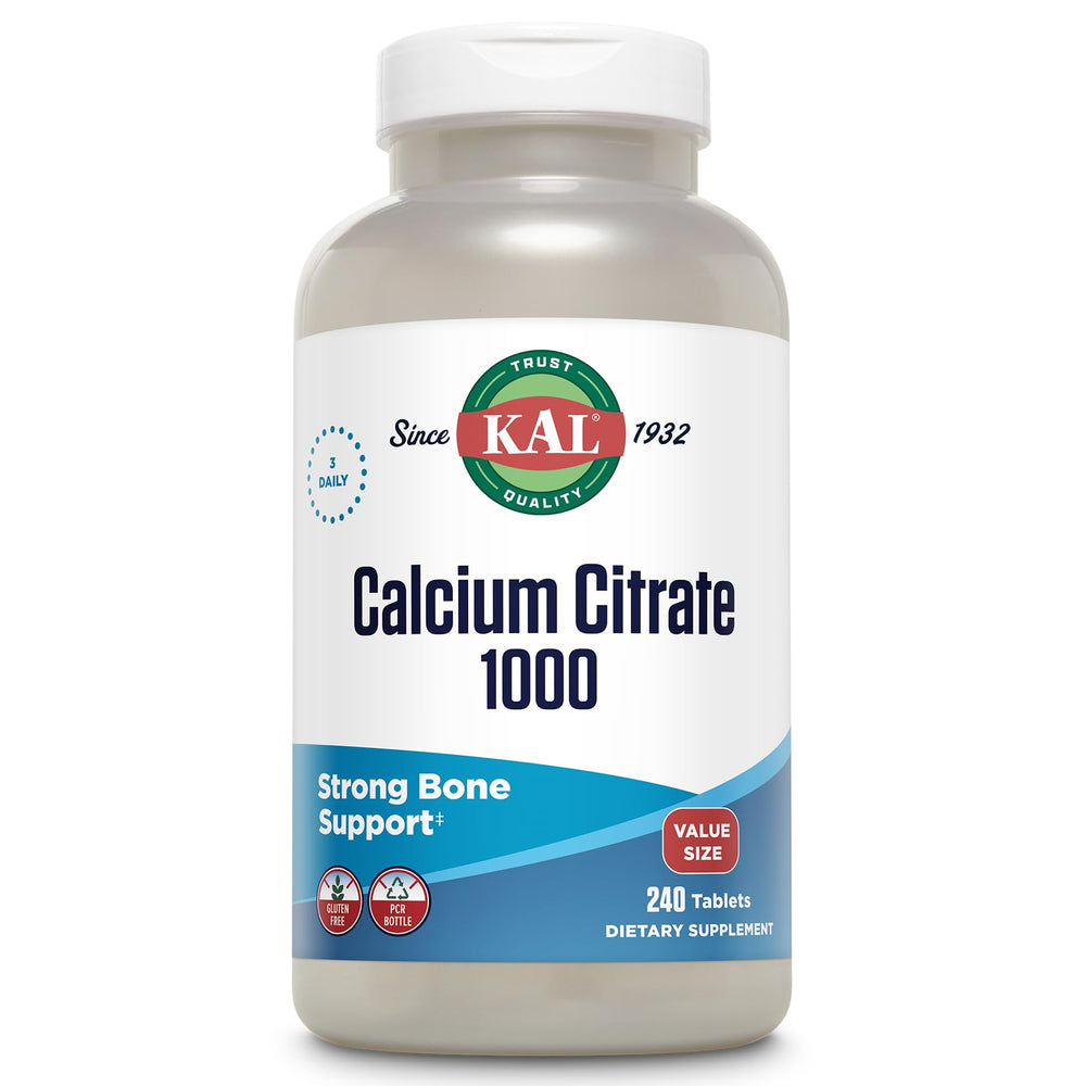 KAL Calcium Citrate 1000mg bottle label highlights calcium support for bones.