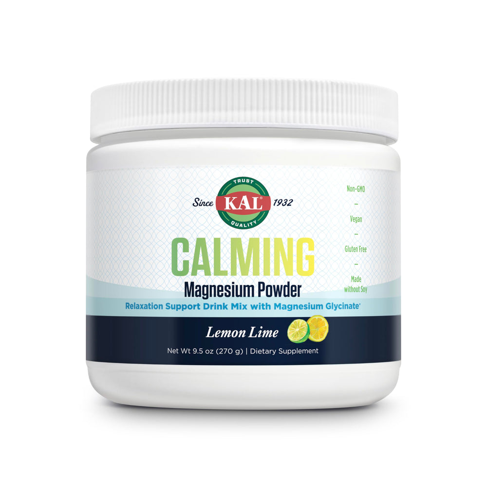 Kal Calming Magnesium Powder bottle highlights lemon-lime flavor, supports relaxation after a long day.