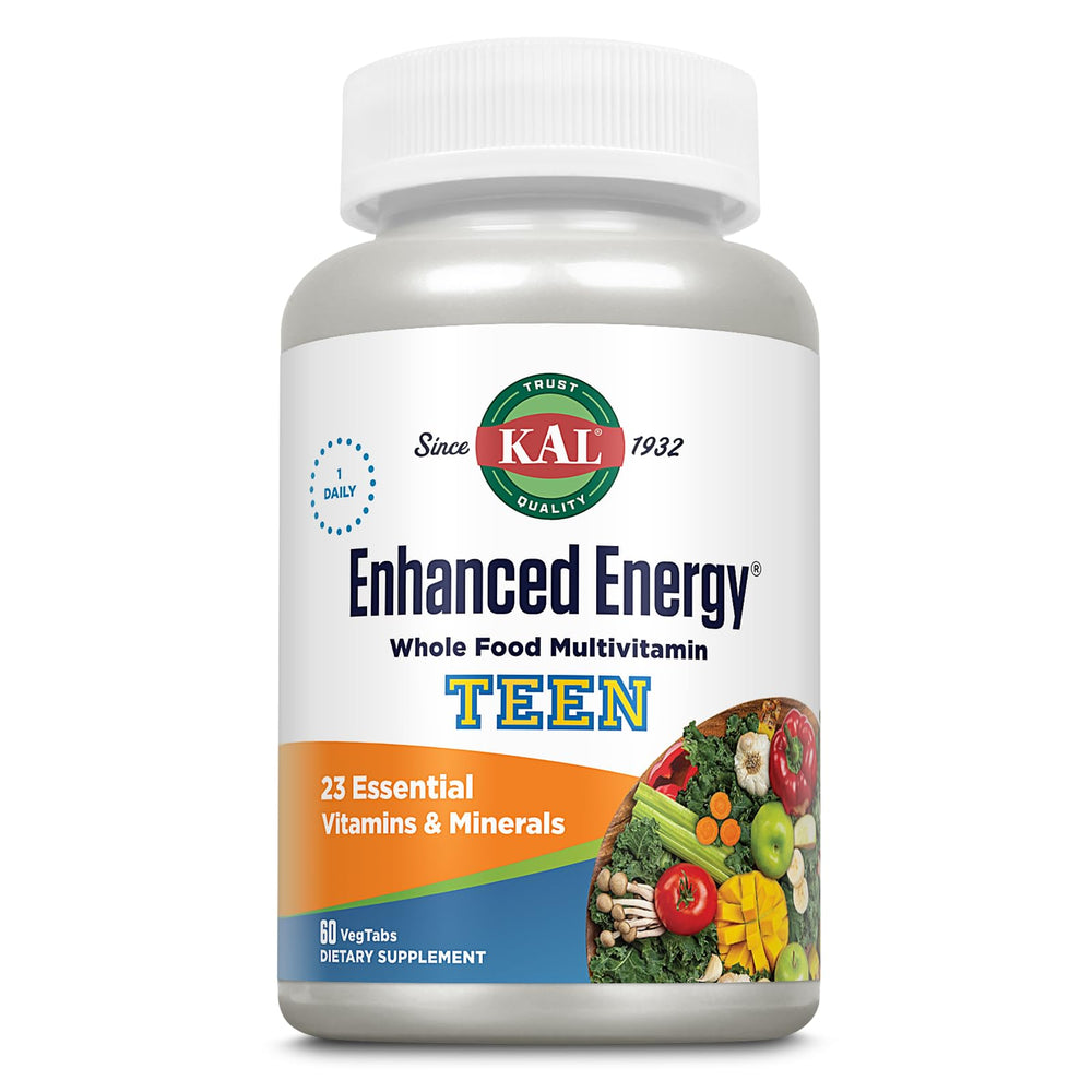 Kal Enhanced Energy teens tablets in bottle front view for convenient daily use.