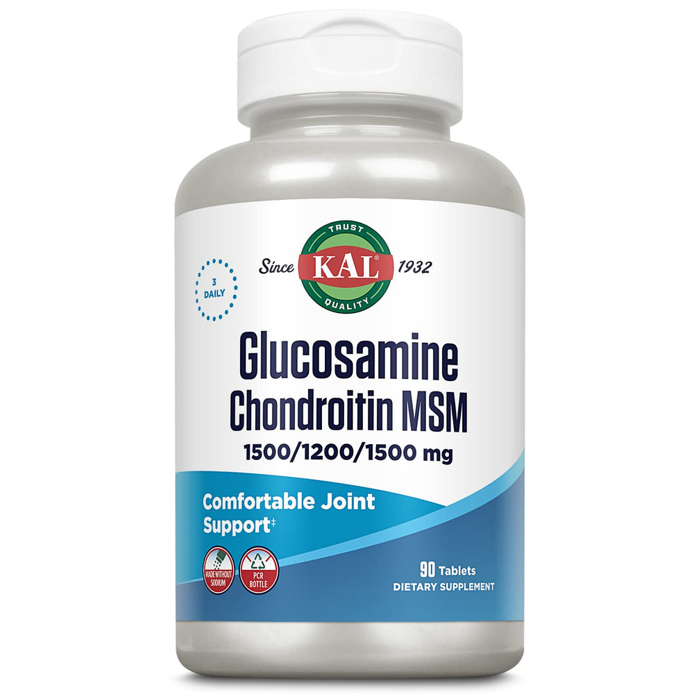 KAL glucosamine chondroitin msm bottle close-up promotes joint comfort.